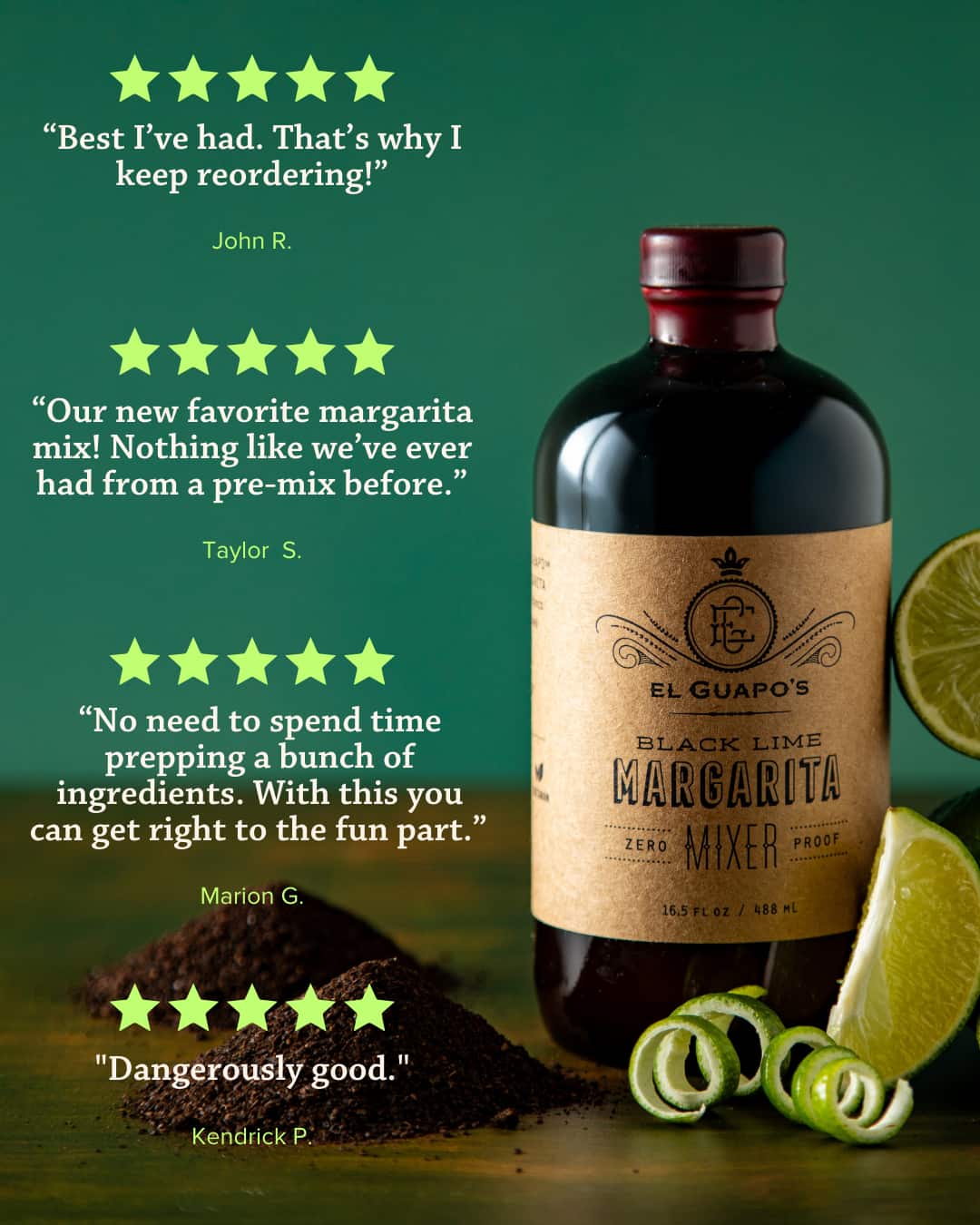 Bottle of El Guapo's Black Lime Margarita Mixer with customer reviews on a green background