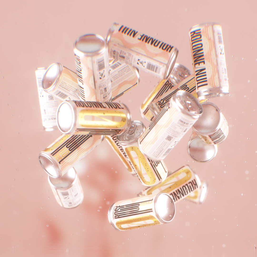 Kolonne Null Rose ready to drink cans floating in air - pink background