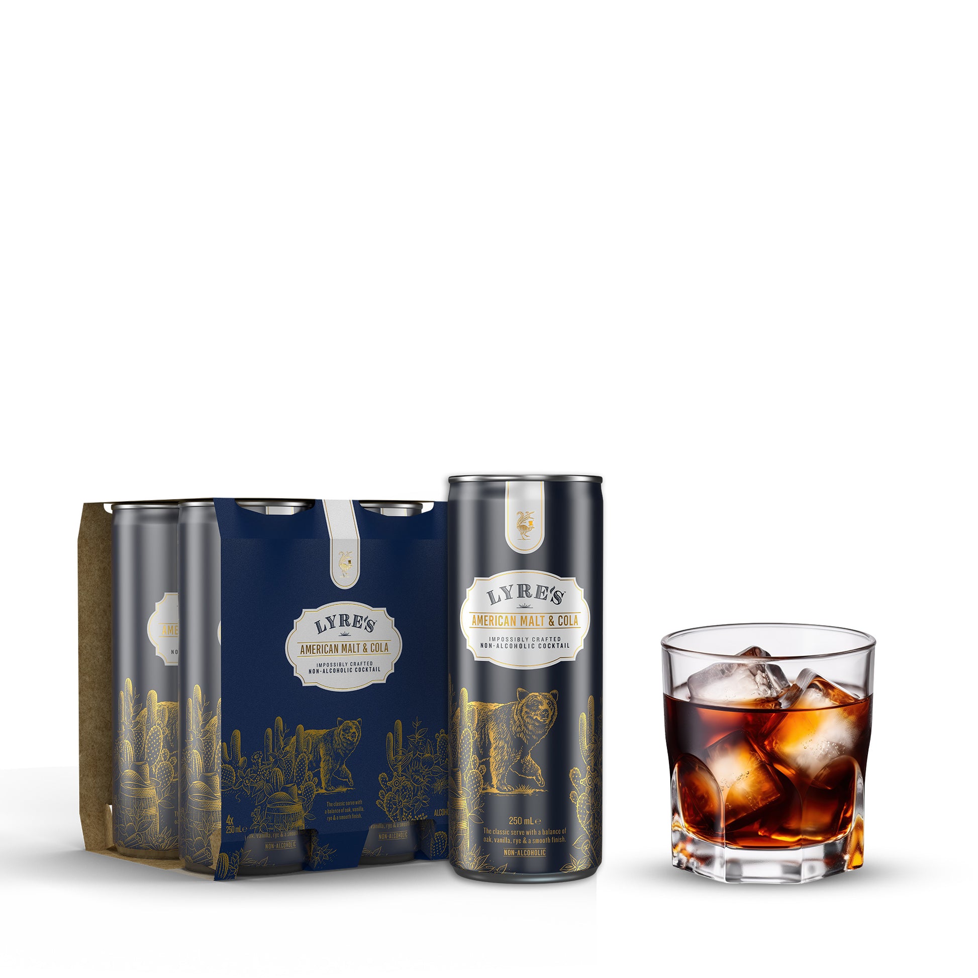 Lyre’s American Malt & Cola 4-pack served in rocks glass