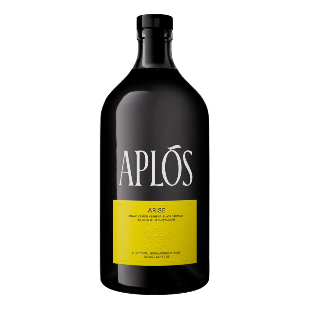 Black bottle of Aplós Arise on a white background