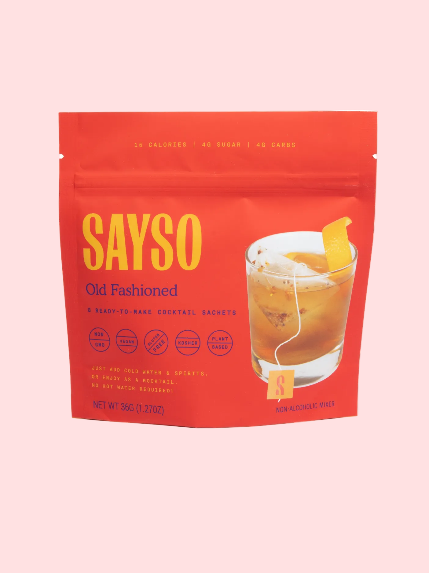 SAYSO Old Fashioned cocktail mix package on a white background