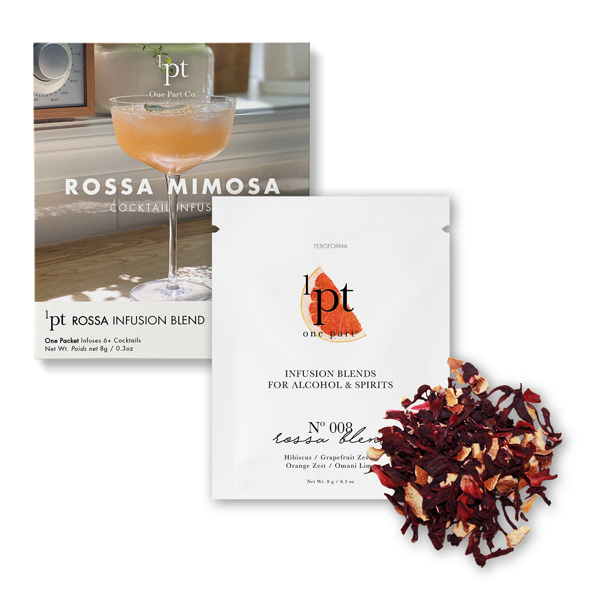 Cocktail infusion blend packaging with dried herbs on a white background