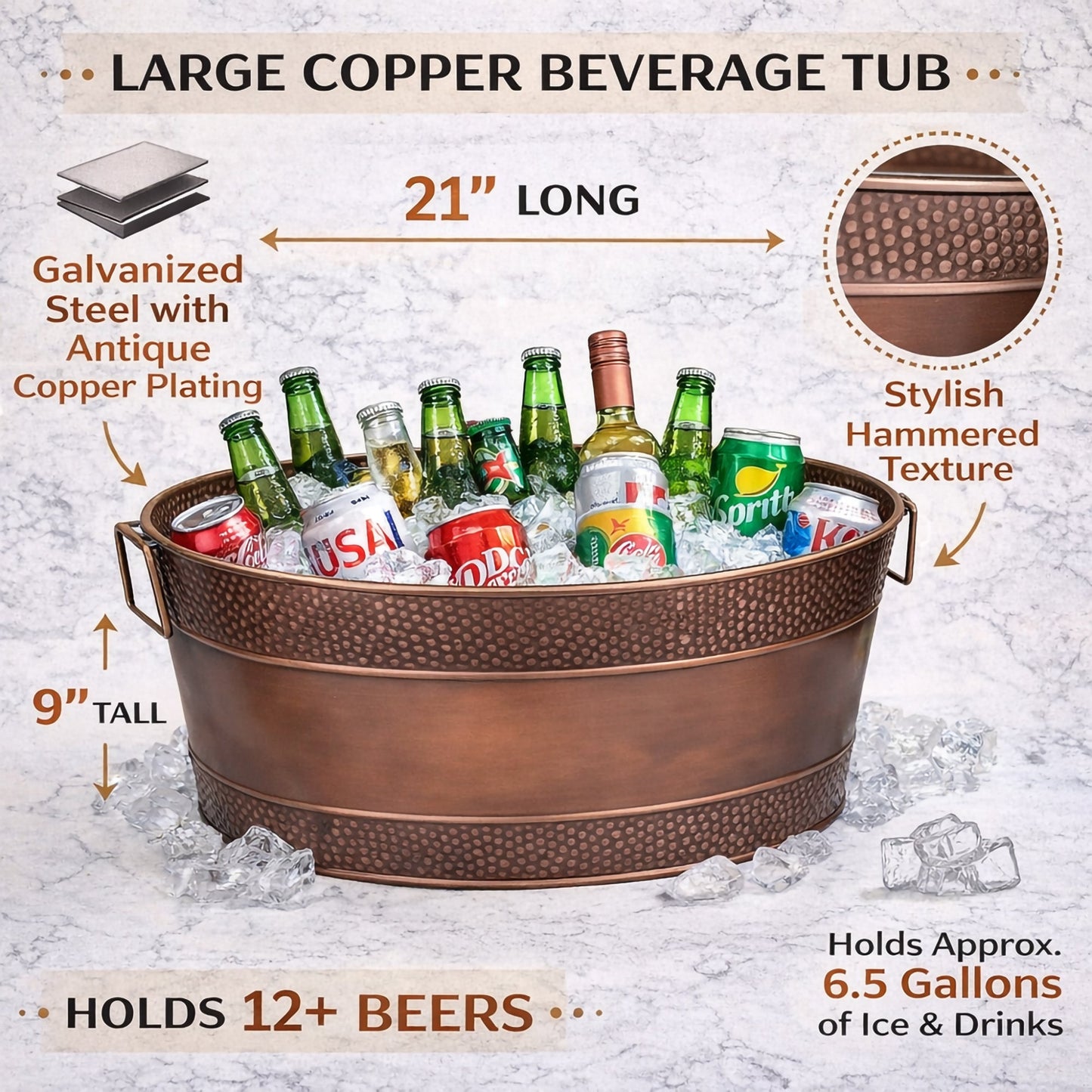 Aspen Hammered Antique Copper Beverage Tub – 6 Gallon Metal Ice Bucket for Parties | BREKX