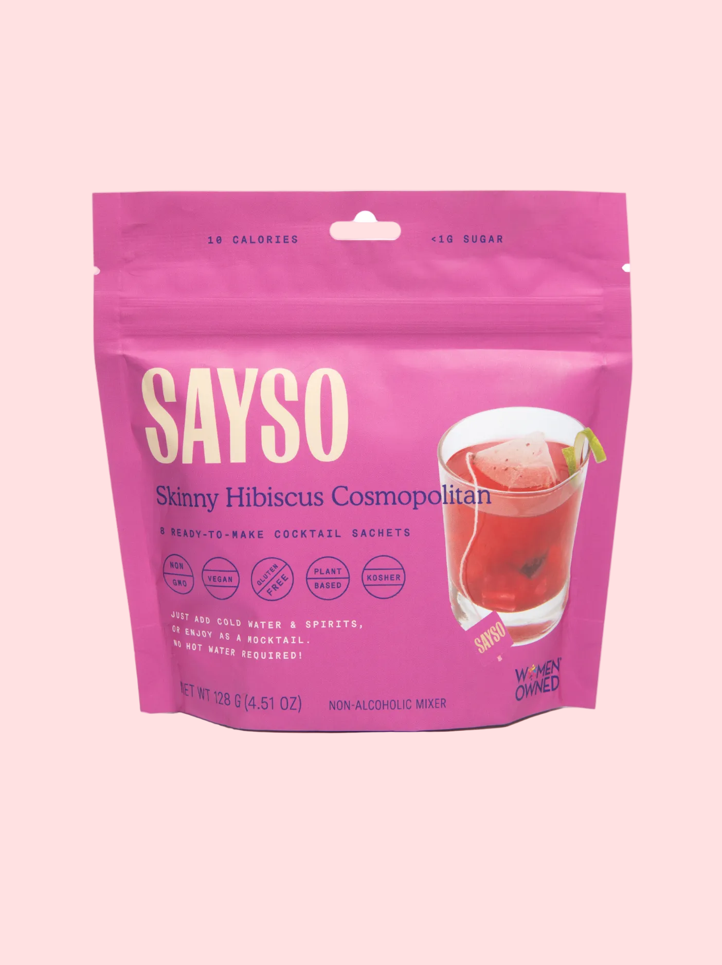 SAYSO Skinny Hibiscus Cosmopolitan drink mix package on a white background