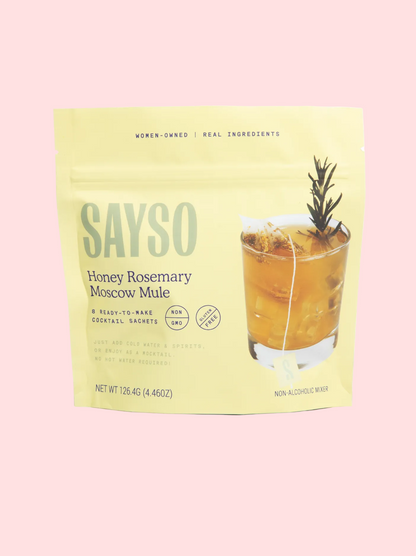 SAYSO Honey Rosemary Moscow Mule package with a cocktail image on a white background