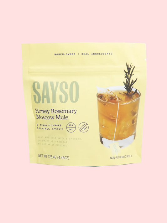SAYSO Honey Rosemary Moscow Mule package with a cocktail image on a white background