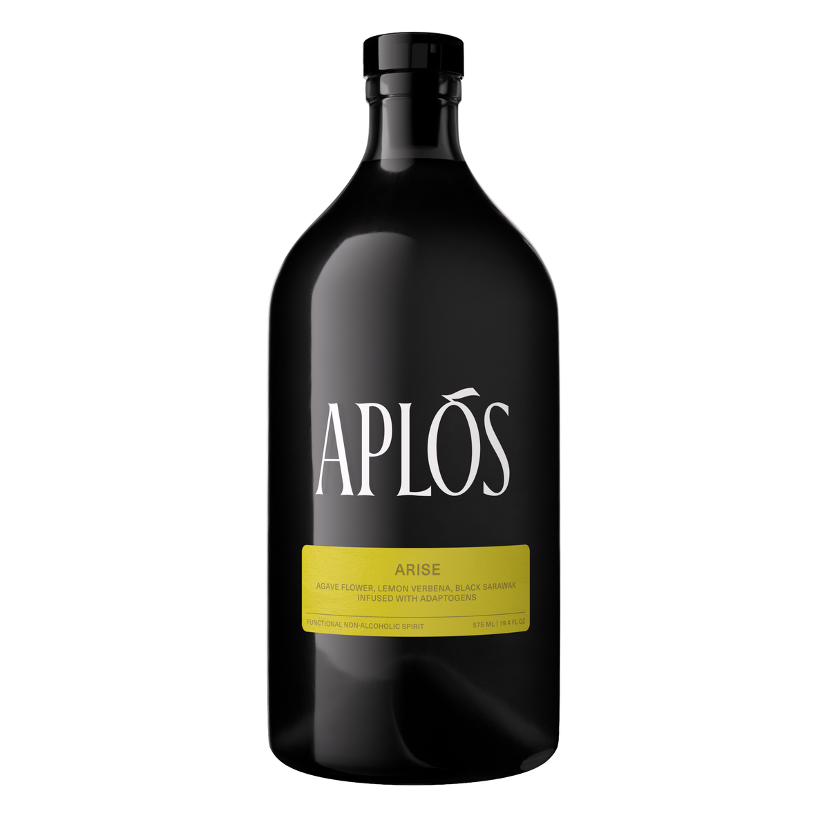 A black bottle of Aplós Arise non-alcoholic spirit with a yellow label displaying the product name and brand.