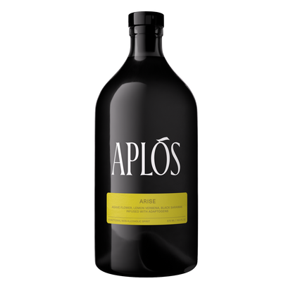 A black bottle of Aplós Arise non-alcoholic spirit with a yellow label displaying the product name and brand.