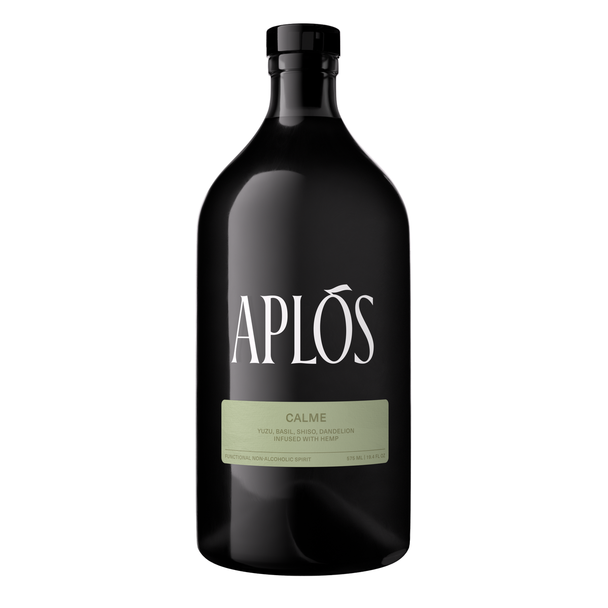 A black bottle of Aplós Calme non-alcoholic spirit with a label that includes the brand name and the product name.