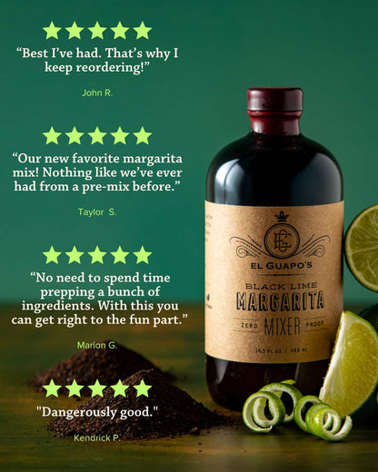Bottle of El Guapo's Black Lime Margarita Mixer with customer reviews on a green background