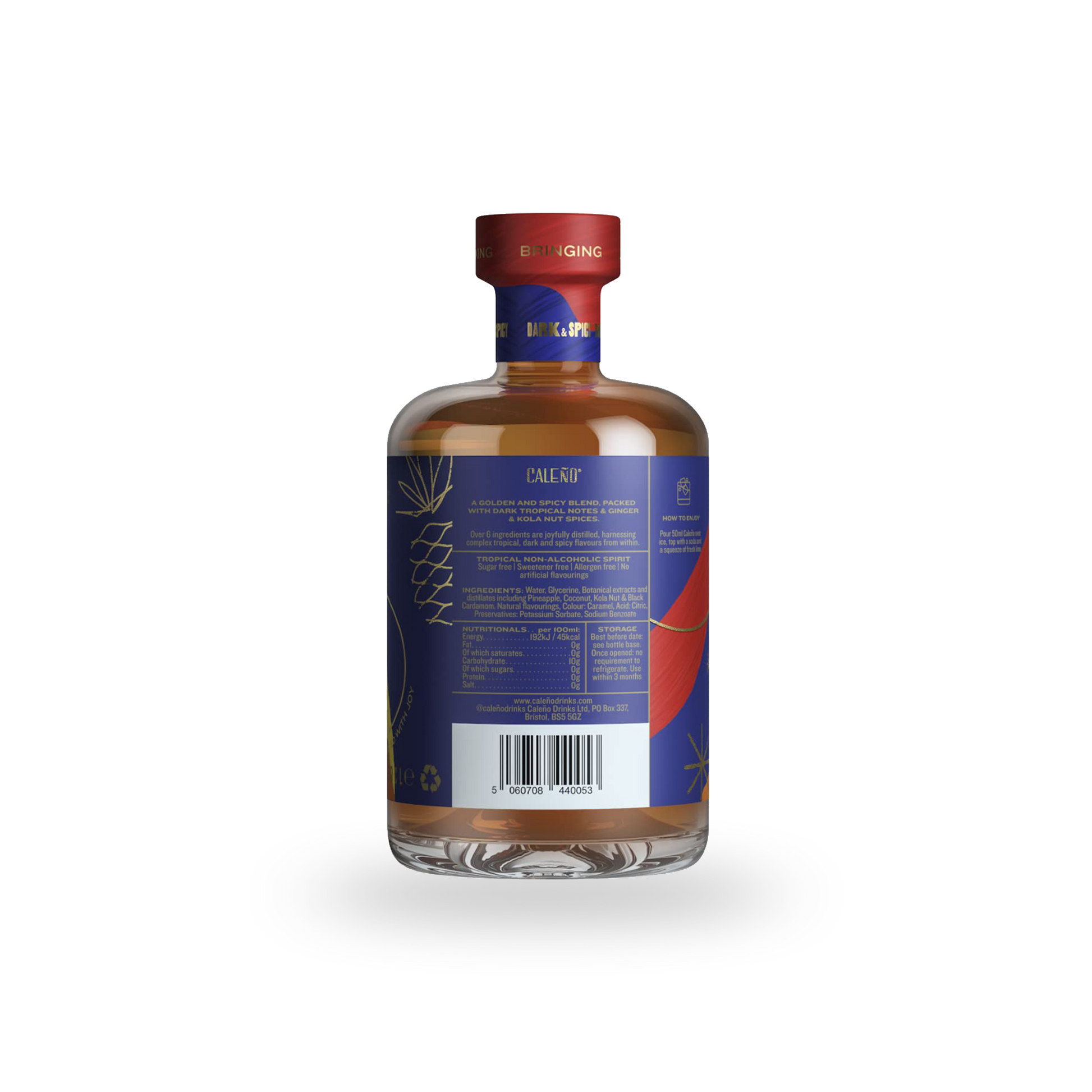 Caleno Dark & Spicy Non-Alcoholic Tropical Rum Back Label