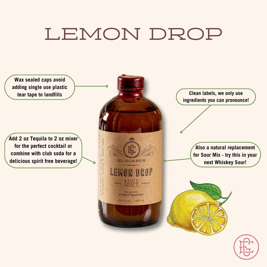 Bottle of Lemon Drop mixer with label and lemon illustrations on a white background