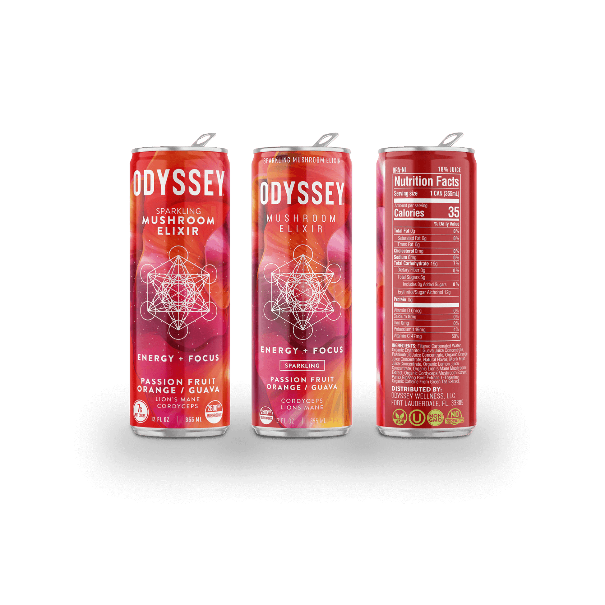 Odyssey Mushroom Elixir | Energy & Focus - Passion Fruit, Orange, & Guava Back Label