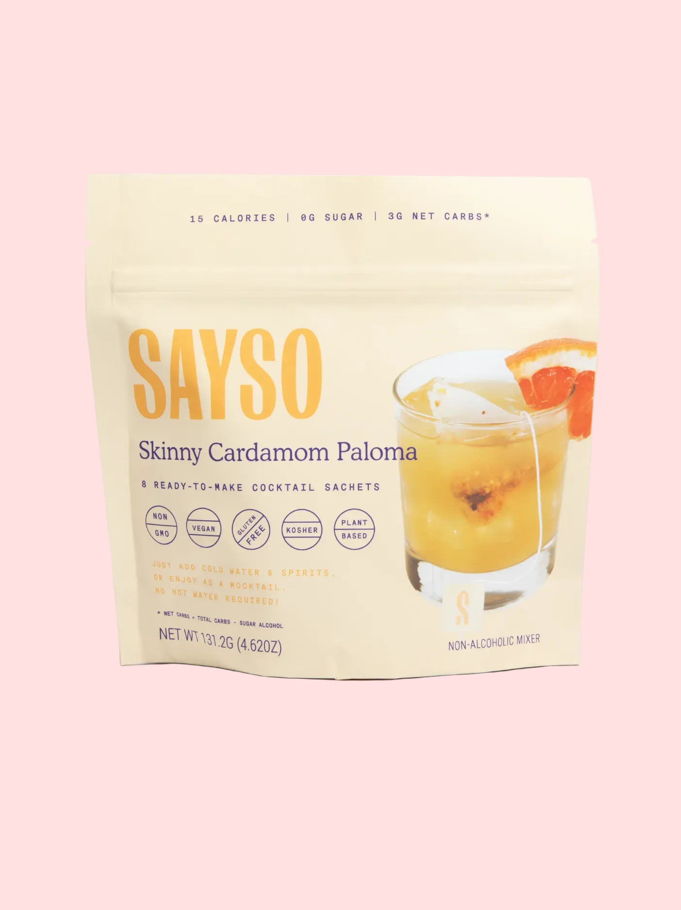 SAYSO Skinny Cardamom Paloma cocktail mix package on a white background
