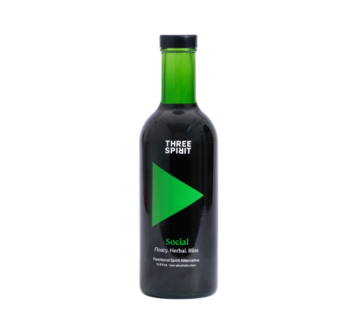 A bottle of Three Spirit Social Elixir, a non-alcoholic botanical spirit with a dark label featuring green text.
