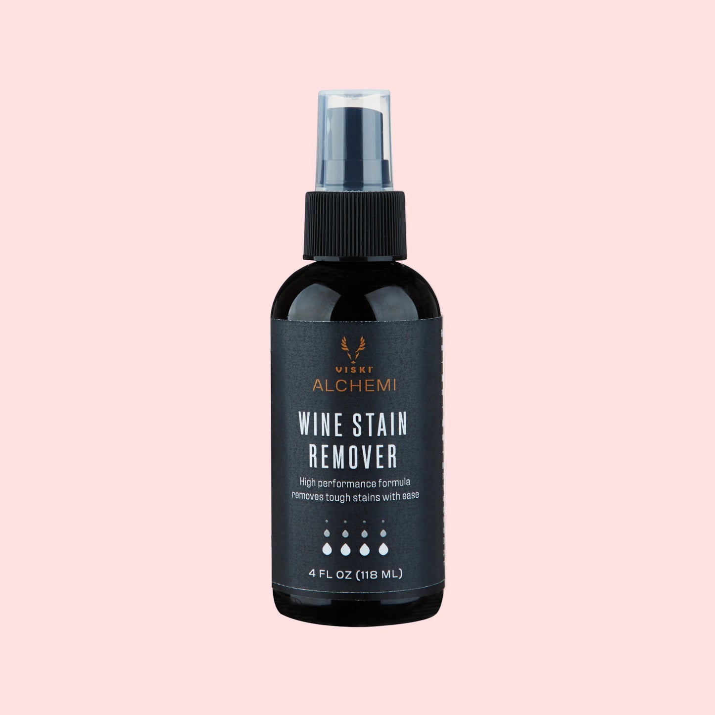 Black wine stain remover spray bottle with visible branding on a white background