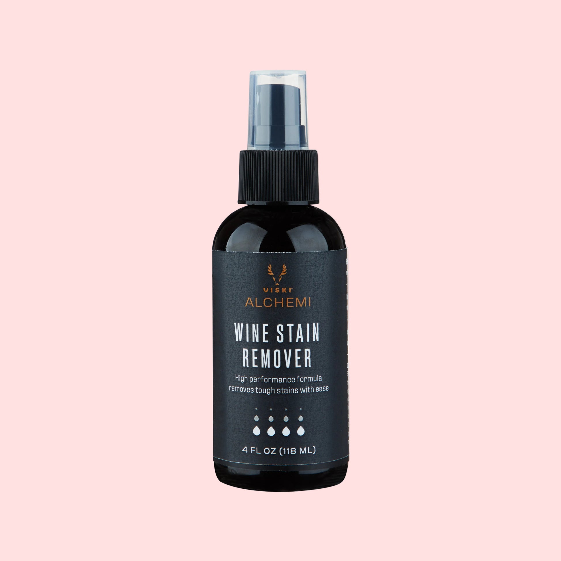 Black wine stain remover spray bottle with visible branding on a white background