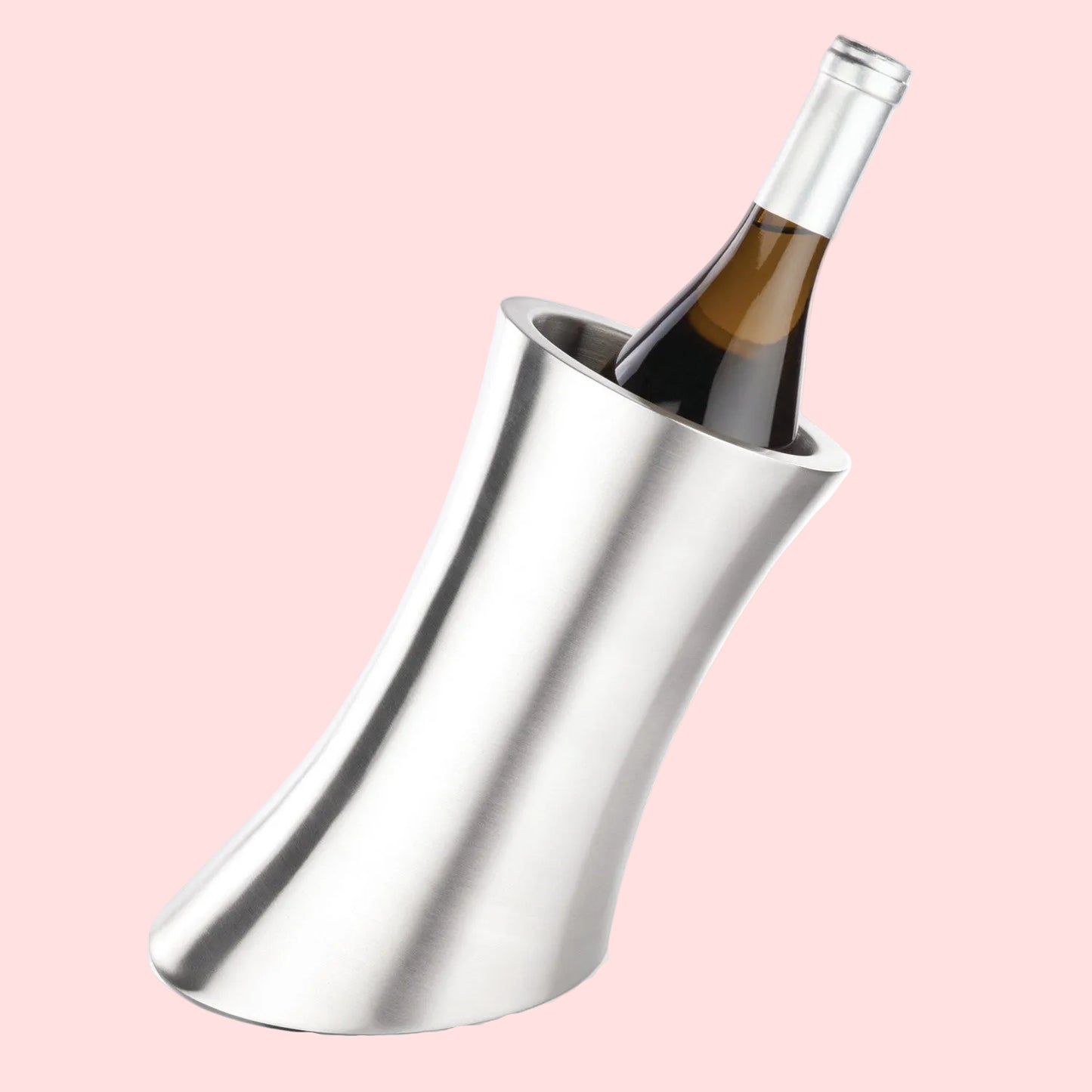 Silver wine cooler with a bottle of wine on a white background