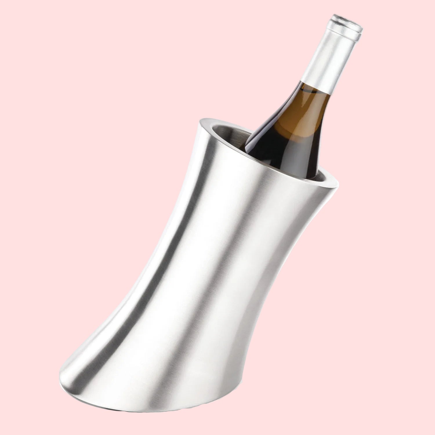 Silver wine cooler with a bottle of wine on a white background